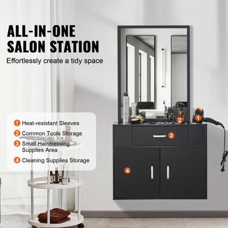 Salon Storage Cabinet Wall Mounted Barber Salon Station for Hair Stylist Hair Stylist Station Set with 3 Sleeves A Mirror Double-door Cabinet and A Drawer Black