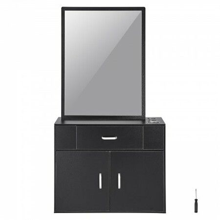 Salon Storage Cabinet Wall Mounted Barber Salon Station for Hair Stylist Hair Stylist Station Set with 3 Sleeves A Mirror Double-door Cabinet and A Drawer Black