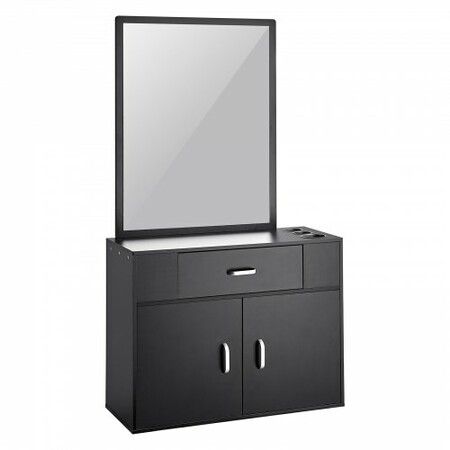 Salon Storage Cabinet Wall Mounted Barber Salon Station for Hair Stylist Hair Stylist Station Set with 3 Sleeves A Mirror Double-door Cabinet and A Drawer Black