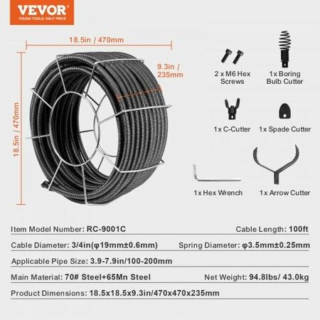 Drain Cleaning Cable 100 FT x 3/4 Inch Solid Core Steel Drain Cleaner Cable with 4 Cutters for 3.9" to 7.9" Pipes Professional Inner Core Sewer Drain Auger Cable for Sink Floor Drain Toilet