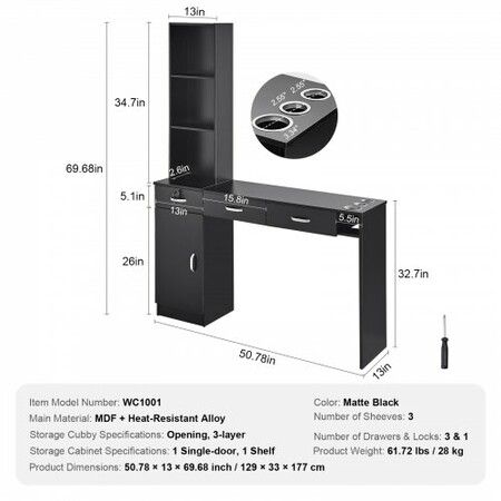 Salon Station Wall Mount Barber Salon Station for Hair Stylist Beauty Spa Furniture Set 1 Storage Cabinet 3 Open Cubbies and 3 Drawers(One Lockable) Black