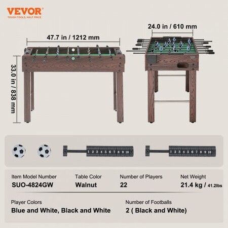 Foosball Table 48 inch Standard Size Foosball Table Indoor Full Size Foosball Table for Home Family and Game Room Soccer with Foosball Table Set Includes 2 Balls and 2 Cup Holders