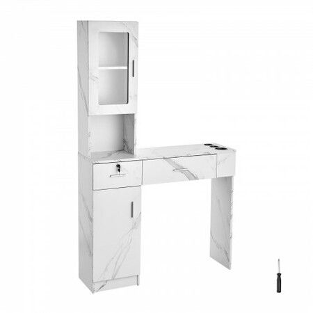 Salon Station Wall Mount Barber Salon Station for Hair Stylist Beauty Spa Furniture Set 1 Storage Cabinet 3 Cubbies and 2 Drawers(One Lockable) White