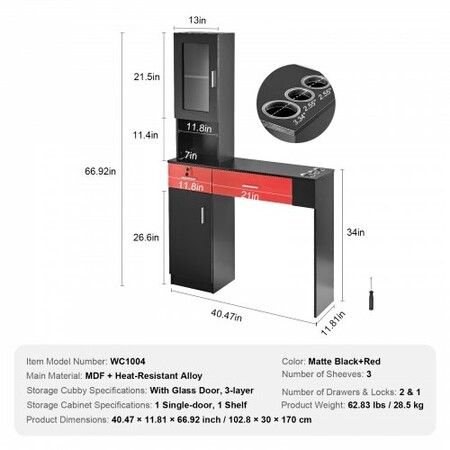 Salon Station Wall Mount Barber Salon Station for Hair Stylist Beauty Spa Furniture Set 1 Storage Cabinet 3 Cubbies and 2 Drawers(One Lockable) Black and Red