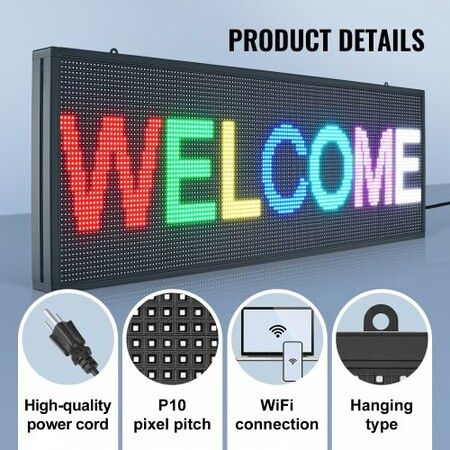 Programmable LED Sign P10 Full Color LED Scrolling Panel DIY Custom Text Animation Pattern Display Board WIFI USB Control Message Shop Sign for Store Business Party Bar Advertising 99x35cm