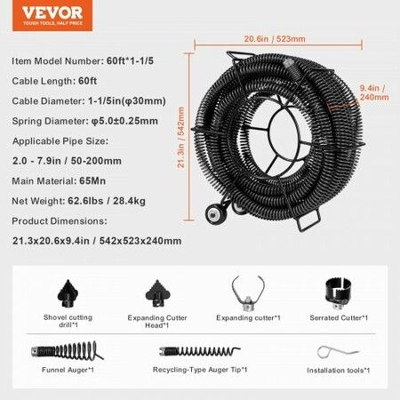 Drain Cleaning Cable 60 FT x 1-1/5 Inch Professional Sectional Drain Cleaner Cable with 6 Cutters for 2.0" to 7.9" Pipes Hollow Core Sewer Drain Auger Cable for Sink Floor Drain Toilet