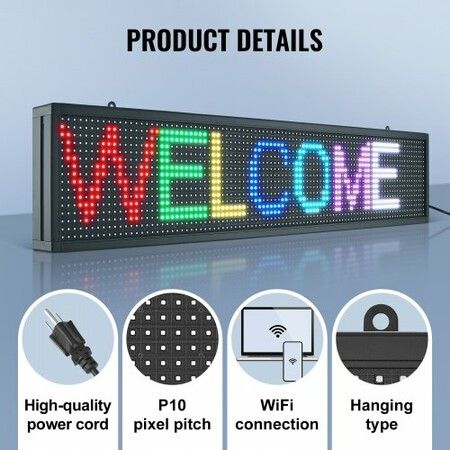 Programmable LED Sign P10 Full Color LED Scrolling Panel DIY Custom Text Animation Pattern Display Board WIFI USB Control Message Shop Sign for Store Business Party Bar Advertising 131x19cm