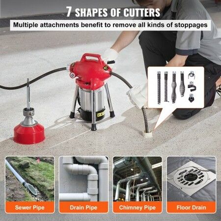 Drain Cleaner Machine 66FT x 5/8In 250W Sectional Snake Auger Manual Feed