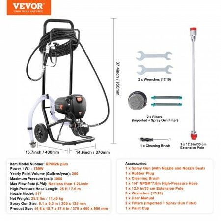 Stand Airless Paint Sprayer 750W 3000PSI High Efficiency Electric Airless Sprayer With Cart Fine And Even Painting Effect Paint Sprayers for Home Interior and Exterior Furniture and Fences