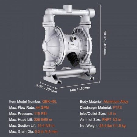 Air Operated Double Diaphragm Pump 44GPM Max 115PSI Air Waste Oil Pneumatic Transfer Pump with 2 Extra Diaphragms 3.8cm Inlet & Outlet Aluminum Alloy Diaphragm Pump for Diesel Grease Oil