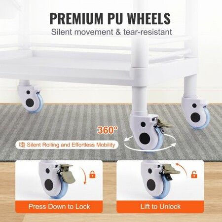 2 Tiers Lab Carts Mobile Medical Cart 2 Trays 2 Drawers 3 Trash Cans White