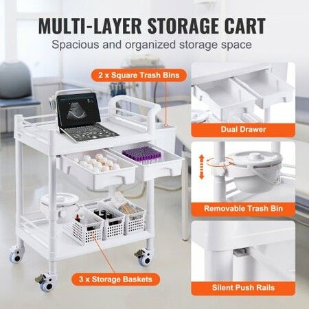 2 Tiers Lab Carts Mobile Medical Cart 2 Trays 2 Drawers 3 Trash Cans White