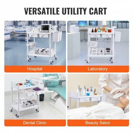 2 Tiers Lab Carts Mobile Medical Cart 2 Trays 2 Drawers 3 Trash Cans White