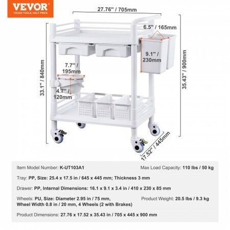 2 Tiers Lab Carts Mobile Medical Cart 2 Trays 2 Drawers 3 Trash Cans White