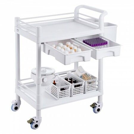 2 Tiers Lab Carts Mobile Medical Cart 2 Trays 2 Drawers 3 Trash Cans White