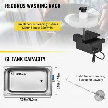 Ultrasonic Vinyl Record Cleaner 6L 40kHz Vinyl Ultrasonic Cleaning Machine Knob Control Record Ultrasonic Cleaner 8 Records Vinyl Sonic Cleaner Stainless Steel Tank w/ Mechanical Heater & Timer