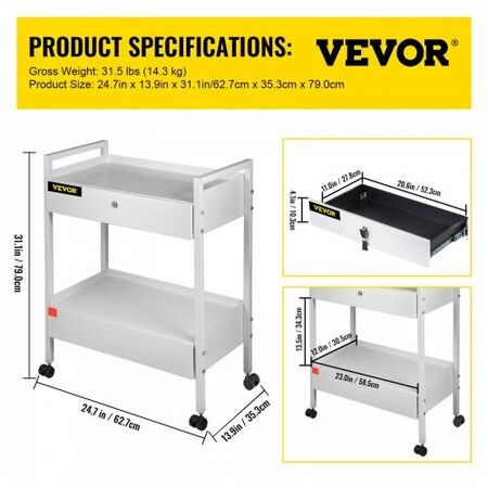 Trolley Cart Dental Lab Trolley Steel Mobile Rolling Serving Cart 2 Tiers