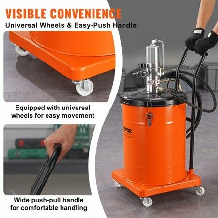 Grease Pump 40L 10.5 Gallon Capacity Air Operated Grease Pump with 3.88 m High Pressure Hose and Grease Gun Pneumatic Grease Bucket Pump with Wheels Portable Lubrication Grease Pump 50:1 Pressure Ratio