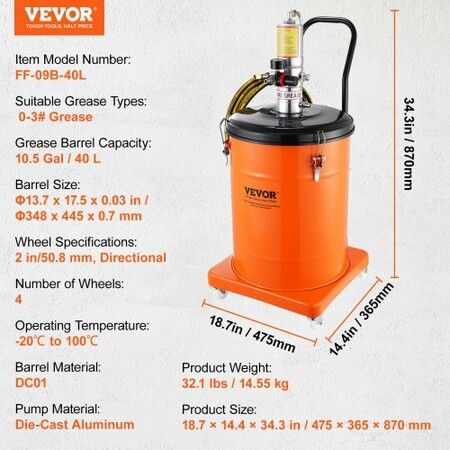 Grease Pump 40L 10.5 Gallon Capacity Air Operated Grease Pump with 3.88 m High Pressure Hose and Grease Gun Pneumatic Grease Bucket Pump with Wheels Portable Lubrication Grease Pump 50:1 Pressure Ratio