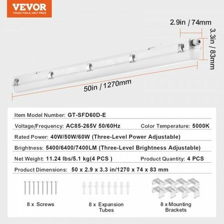 4FT LED Vapor Tight Light 60W/50W/40W Selectable 5000K Vapor Proof Light Fixture with 5400/6400/7400LM Adjustable IP65 Waterproof for Parking Lot Warehouse Walk-In Freezer Car Wash 4-Pack