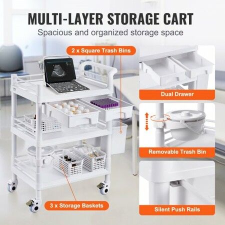 3 Tiers Lab Carts Mobile Medical Cart with 3 Trays & 3 Trash Cans White