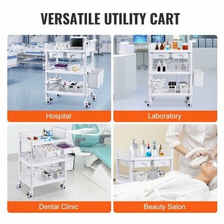 3 Tiers Lab Carts Mobile Medical Cart with 3 Trays & 3 Trash Cans White