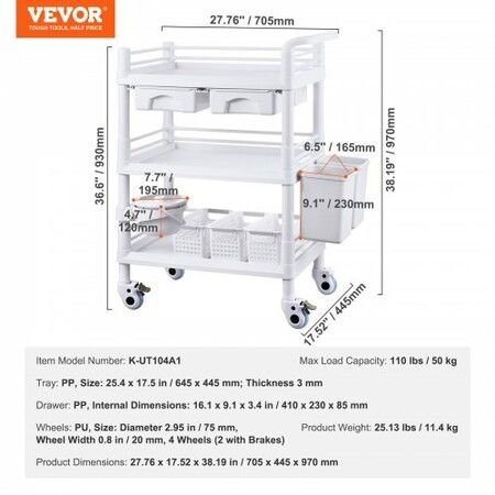 3 Tiers Lab Carts Mobile Medical Cart with 3 Trays & 3 Trash Cans White