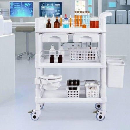 3 Tiers Lab Carts Mobile Medical Cart with 3 Trays & 3 Trash Cans White