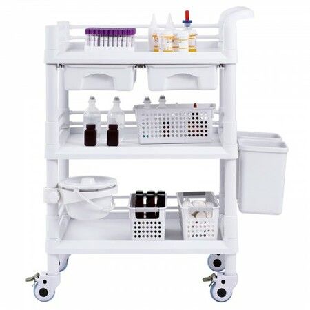 3 Tiers Lab Carts Mobile Medical Cart with 3 Trays & 3 Trash Cans White