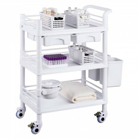 3 Tiers Lab Carts Mobile Medical Cart with 3 Trays & 3 Trash Cans White