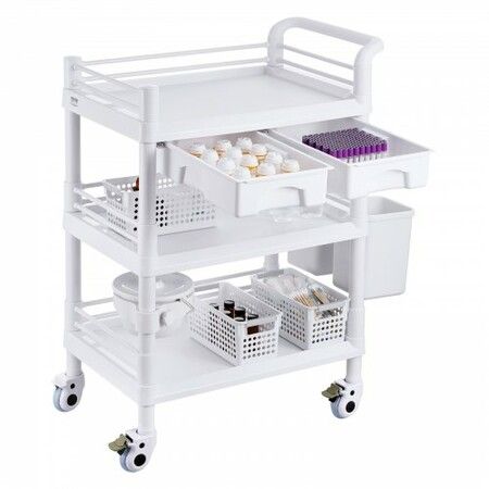 3 Tiers Lab Carts Mobile Medical Cart with 3 Trays & 3 Trash Cans White