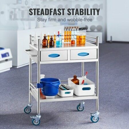 Lab Serving Cart 2 Layers Stainless Steel Utility Rolling Cart Medical Cart with Two Drawers Dental Utility Cart with Lockable Wheels and A Bucket for Laboratory Hospital Dental Use