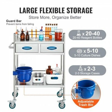 Lab Serving Cart 2 Layers Stainless Steel Utility Rolling Cart Medical Cart with Two Drawers Dental Utility Cart with Lockable Wheels and A Bucket for Laboratory Hospital Dental Use