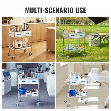 Lab Serving Cart 2 Layers Stainless Steel Utility Rolling Cart Medical Cart with Two Drawers Dental Utility Cart with Lockable Wheels and A Bucket for Laboratory Hospital Dental Use