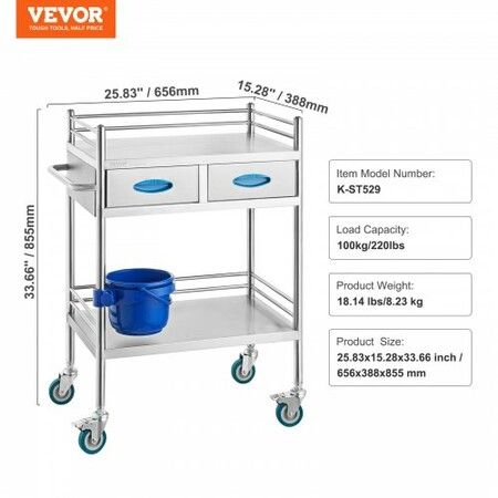 Lab Serving Cart 2 Layers Stainless Steel Utility Rolling Cart Medical Cart with Two Drawers Dental Utility Cart with Lockable Wheels and A Bucket for Laboratory Hospital Dental Use