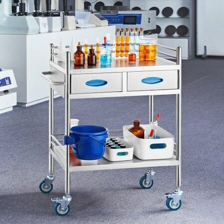 Lab Serving Cart 2 Layers Stainless Steel Utility Rolling Cart Medical Cart with Two Drawers Dental Utility Cart with Lockable Wheels and A Bucket for Laboratory Hospital Dental Use