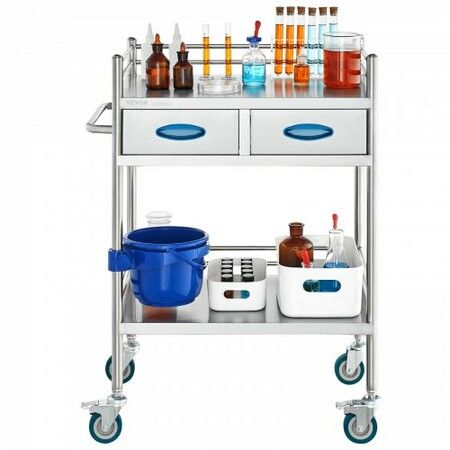 Lab Serving Cart 2 Layers Stainless Steel Utility Rolling Cart Medical Cart with Two Drawers Dental Utility Cart with Lockable Wheels and A Bucket for Laboratory Hospital Dental Use