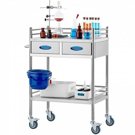 Lab Serving Cart 2 Layers Stainless Steel Utility Rolling Cart Medical Cart with Two Drawers Dental Utility Cart with Lockable Wheels and A Bucket for Laboratory Hospital Dental Use