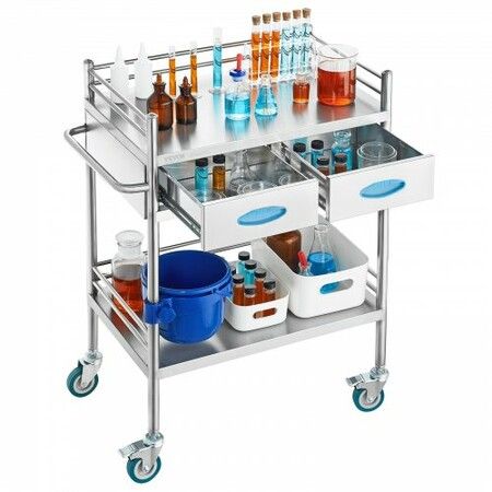 Lab Serving Cart 2 Layers Stainless Steel Utility Rolling Cart Medical Cart with Two Drawers Dental Utility Cart with Lockable Wheels and A Bucket for Laboratory Hospital Dental Use