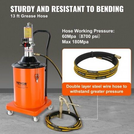 Grease Pump 20L 5 Gallon Capacity Air Operated Grease Pump with 3.88 m High Pressure Hose and Grease Gun Pneumatic Grease Bucket Pump with Wheels Portable Lubrication Grease Pump 50:1 Pressure Ratio