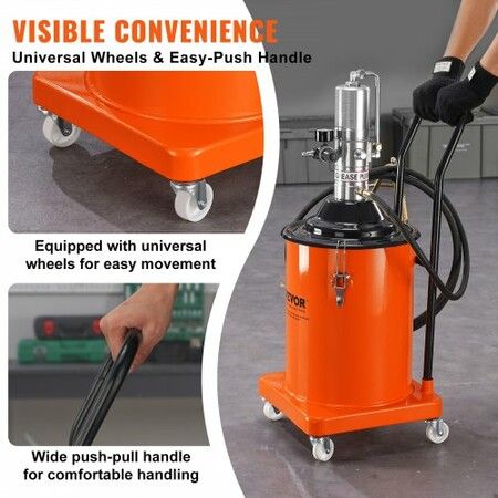 Grease Pump 20L 5 Gallon Capacity Air Operated Grease Pump with 3.88 m High Pressure Hose and Grease Gun Pneumatic Grease Bucket Pump with Wheels Portable Lubrication Grease Pump 50:1 Pressure Ratio