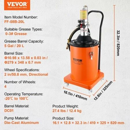 Grease Pump 20L 5 Gallon Capacity Air Operated Grease Pump with 3.88 m High Pressure Hose and Grease Gun Pneumatic Grease Bucket Pump with Wheels Portable Lubrication Grease Pump 50:1 Pressure Ratio