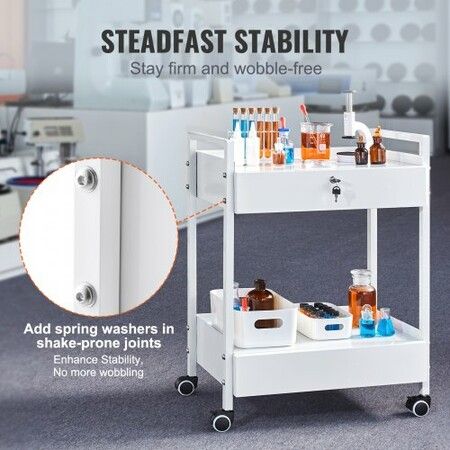 Lab Cart 2 Tiers Stainless Steel Utility Cart Medical Cart with 2 Drawers Rolling Lab Cart White Paint Serving Cart with Swivel Casters for Laboratory Hospital Dental Salon and Beauty