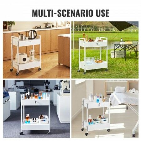 Lab Cart 2 Tiers Stainless Steel Utility Cart Medical Cart with 2 Drawers Rolling Lab Cart White Paint Serving Cart with Swivel Casters for Laboratory Hospital Dental Salon and Beauty