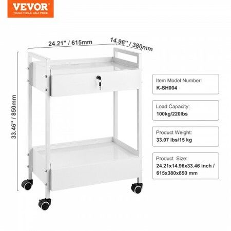 Lab Cart 2 Tiers Stainless Steel Utility Cart Medical Cart with 2 Drawers Rolling Lab Cart White Paint Serving Cart with Swivel Casters for Laboratory Hospital Dental Salon and Beauty