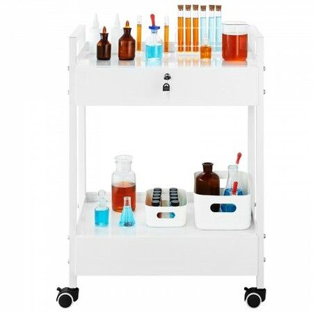 Lab Cart 2 Tiers Stainless Steel Utility Cart Medical Cart with 2 Drawers Rolling Lab Cart White Paint Serving Cart with Swivel Casters for Laboratory Hospital Dental Salon and Beauty