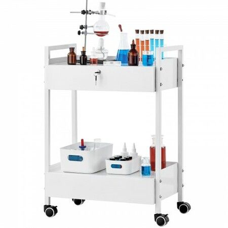 Lab Cart 2 Tiers Stainless Steel Utility Cart Medical Cart with 2 Drawers Rolling Lab Cart White Paint Serving Cart with Swivel Casters for Laboratory Hospital Dental Salon and Beauty