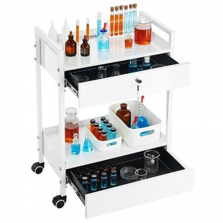 Lab Cart 2 Tiers Stainless Steel Utility Cart Medical Cart with 2 Drawers Rolling Lab Cart White Paint Serving Cart with Swivel Casters for Laboratory Hospital Dental Salon and Beauty