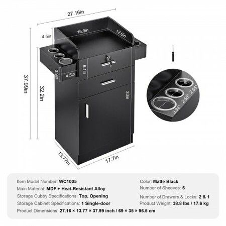 Salon Storage Cabinet Barber Salon Station for Hair Stylist Hair Stylist Station Set with 6 Sleeves 1 Storage Cabinet and 2 Drawers(One Lockable) Black