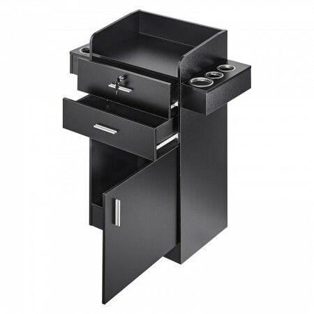 Salon Storage Cabinet Barber Salon Station for Hair Stylist Hair Stylist Station Set with 6 Sleeves 1 Storage Cabinet and 2 Drawers(One Lockable) Black